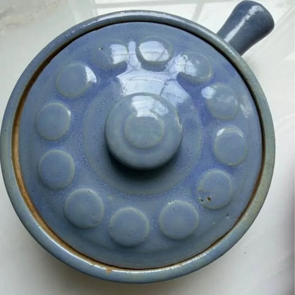 Vintage 1950’s BluePink Stoneware Casserole Soup Bowl Handle & Lid Made IN USA